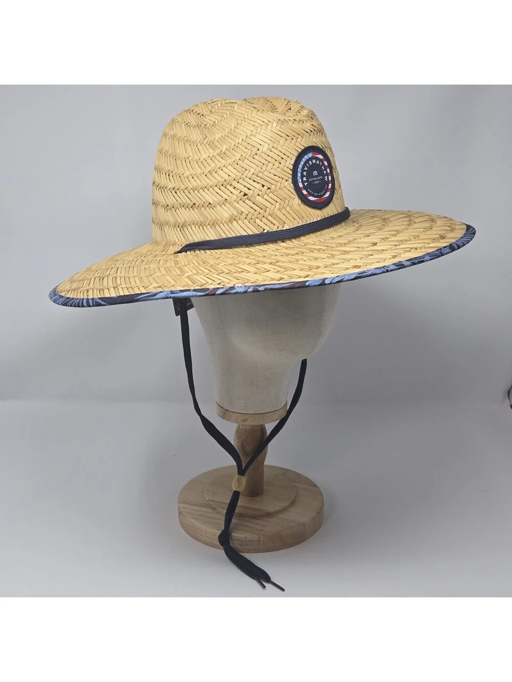 TravisMathew Straw Lifeguard Sun Hat Wide Brim Chin Strap Blue Trim New One Size